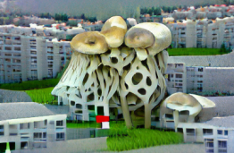 DI sukurta vizualizacija "Mushroom building"